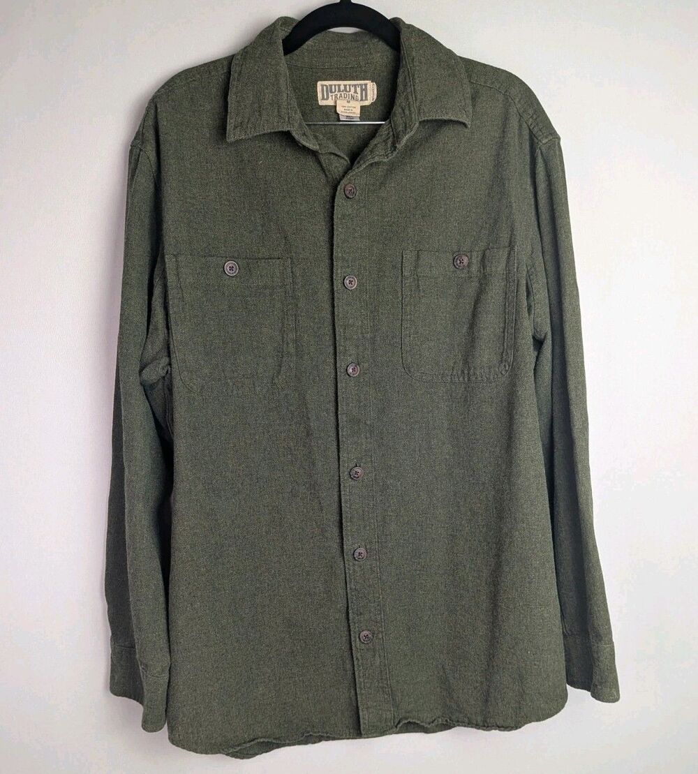 Duluth Trading Co Men’s Size M Long Sleeve Flannel Shirt Solid Green 100% Cotton